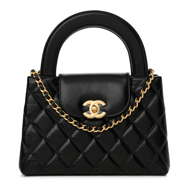 CHANEL Shiny Aged Calfskin Quilted Nano Kelly Shopper Preto