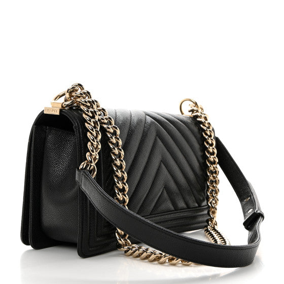 Bolsa Chanel Caviar Chevron Quilted Medium Boy Flap Preto