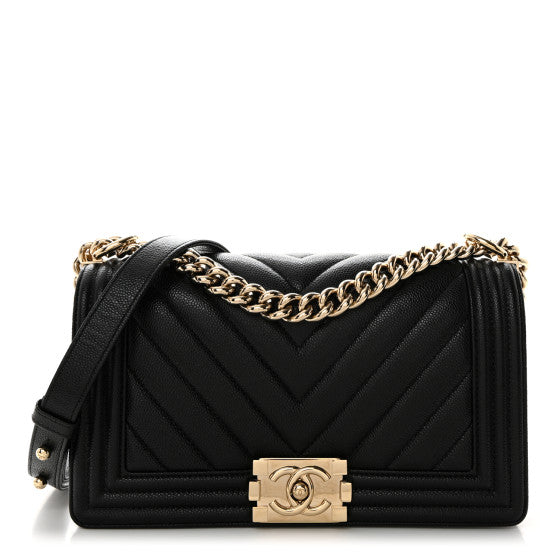 Bolsa Chanel Caviar Chevron Quilted Medium Boy Flap Preto