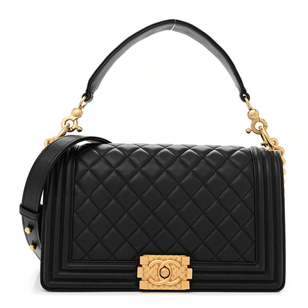 Bolsa Chanel Couro de Bezerro Médio Boy Logotipo Alça Superior Preto