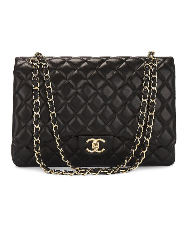 Bolsa Chanel de Lâmina de Borrego XL Maxi Dobro Flap Preto