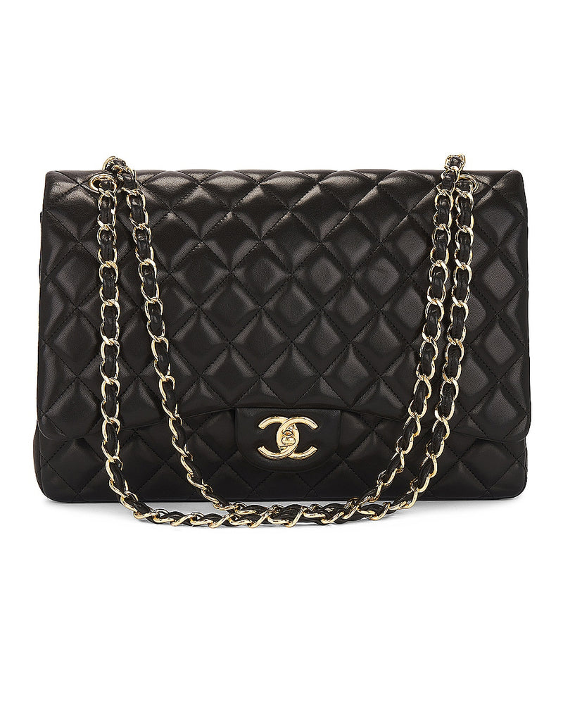 Bolsa Chanel de Lâmina de Borrego XL Maxi Dobro Flap Preto