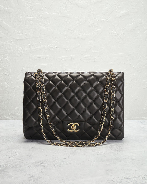 Bolsa Chanel de Lâmina de Borrego XL Maxi Dobro Flap Preto