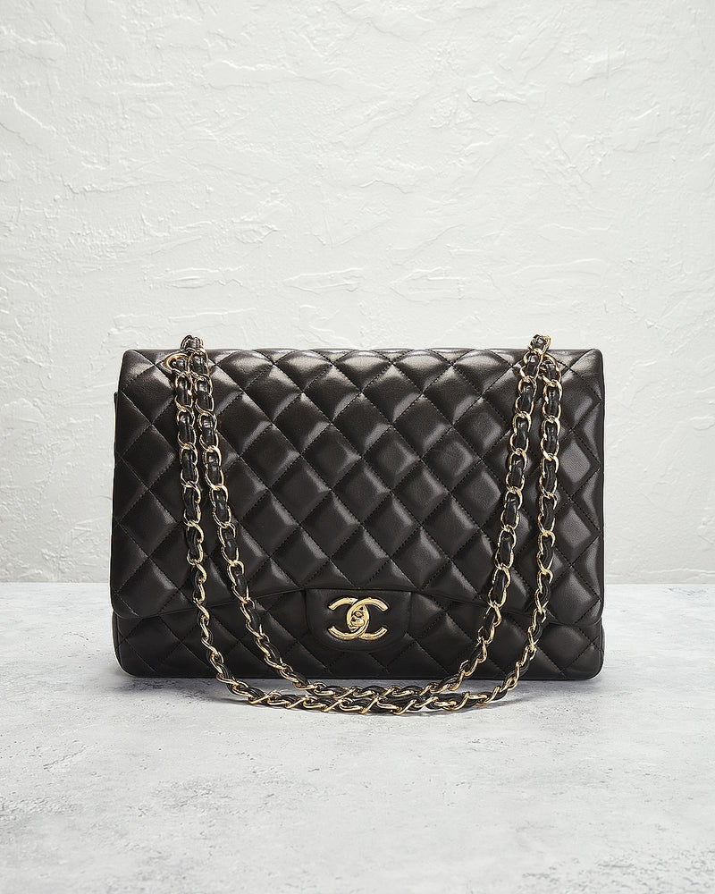 Bolsa Chanel de Lâmina de Borrego XL Maxi Dobro Flap Preto