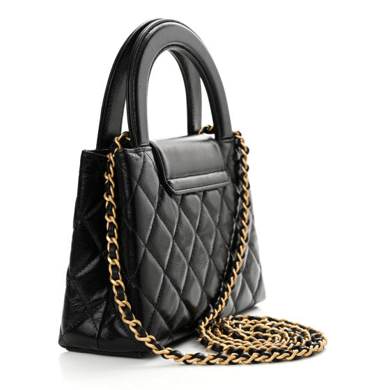 CHANEL Shiny Aged Calfskin Quilted Nano Kelly Shopper Preto